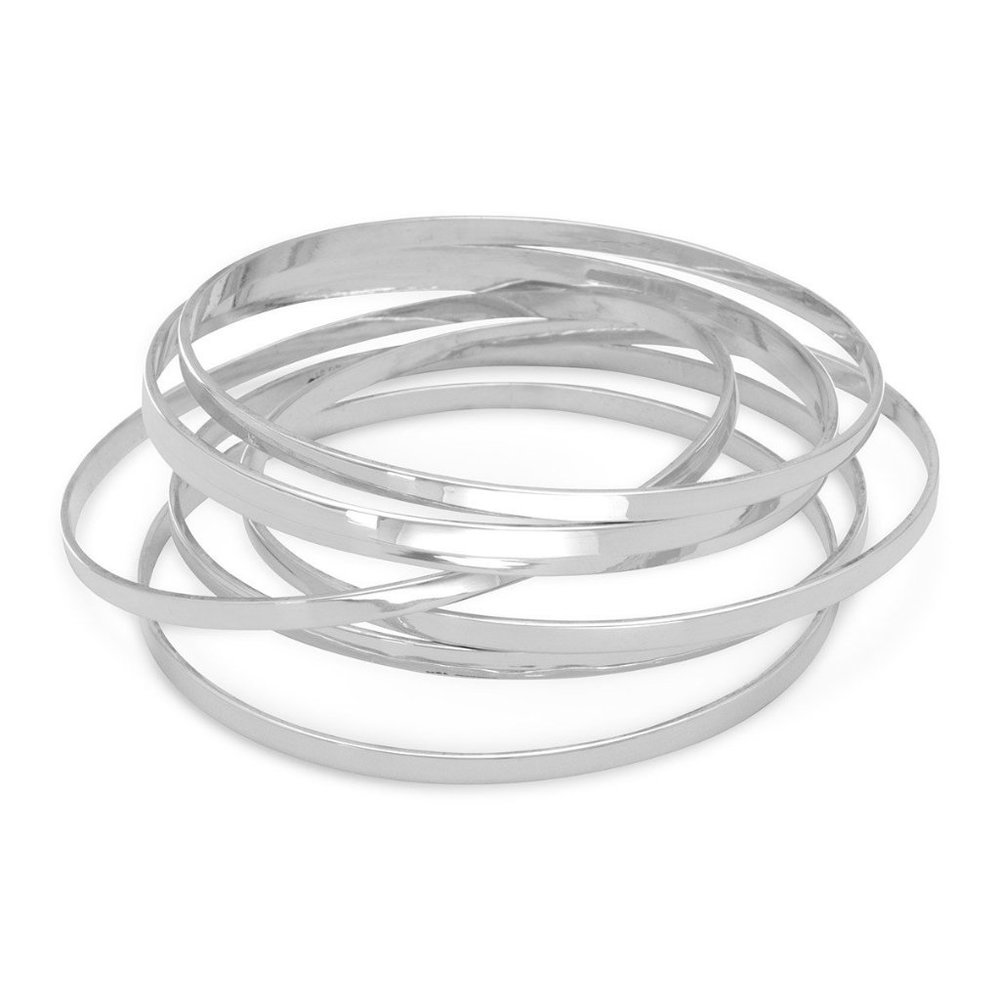 Set of 7 Flat .925 Sterling Silver 8" Bangle Bracelets